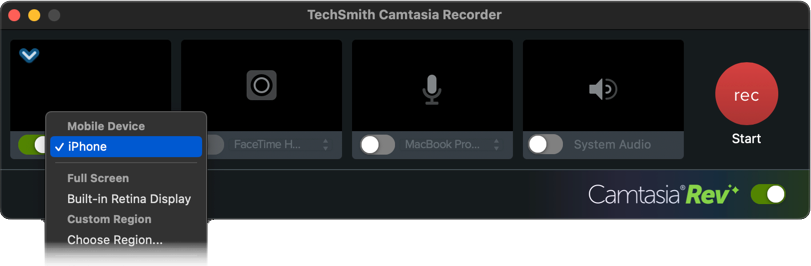 Select the mobile device from the Screen dropdown
