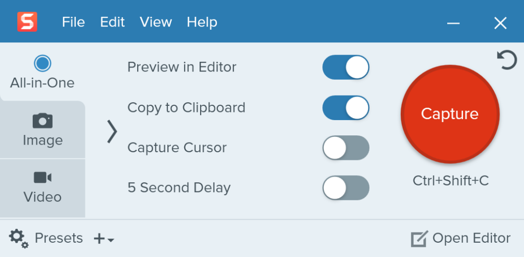 Snagit's capture menu.