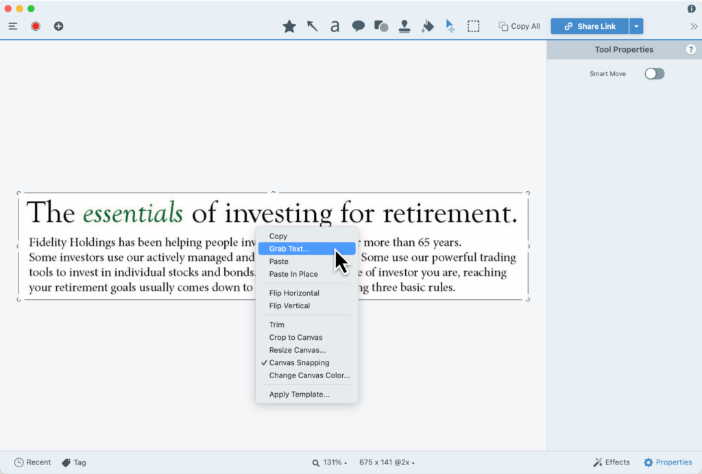 Screenshot demonstrating the Snagit user interface capturing text from a Fidelity Holdings webpage.