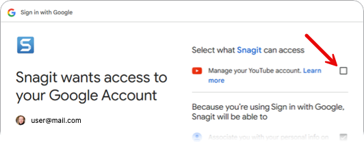 YouTube dialog to allow Snagit access